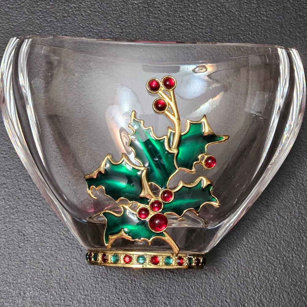 Teleflora Christmas 24% Lead Crystal Enameled Holly Berry Jeweled Vase/Bowl